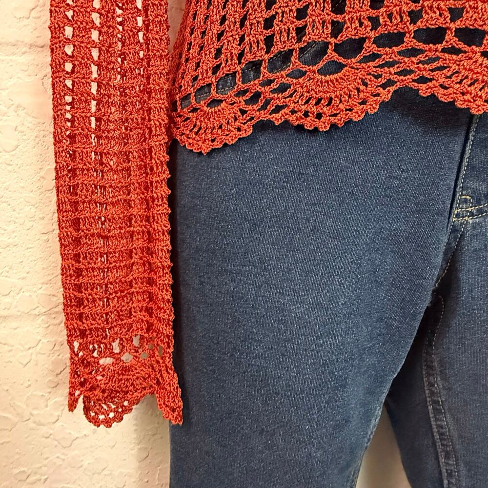 Bettie Paige Orange Crochet Long Sleeve Top Scoop neck - Picture 7 of 14